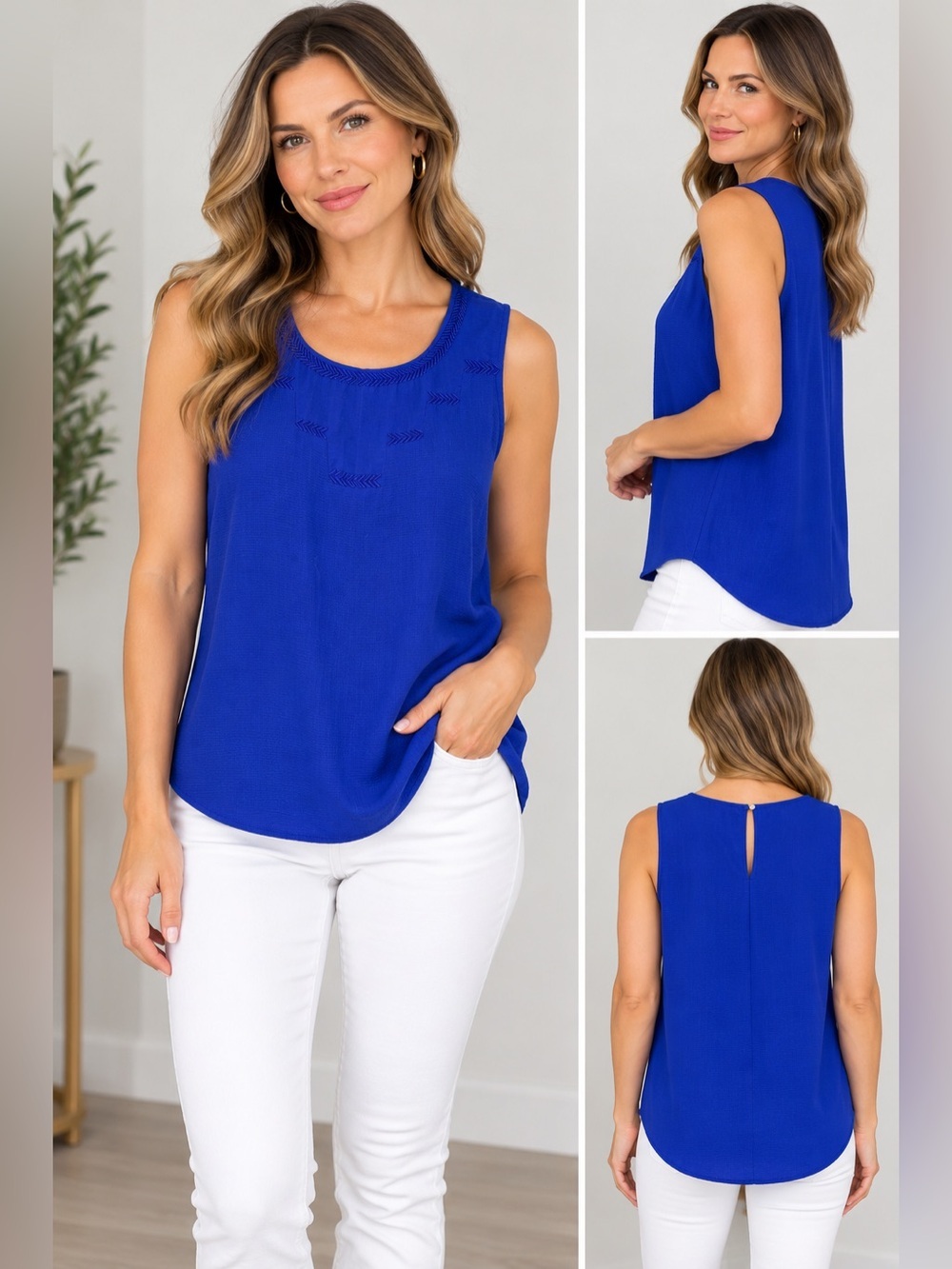 Pixley Women’s Sleeveless Blouse – Size XL– Royal Blue with Embroidery Detail